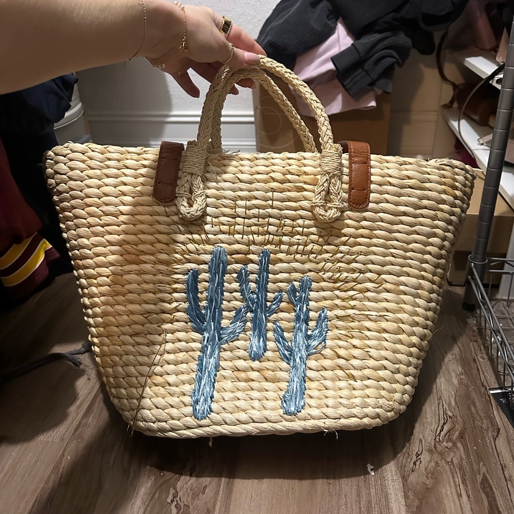 Free people woven beach tote with cactus embroidery